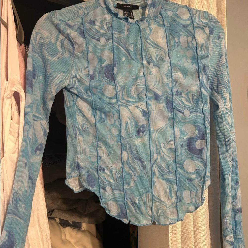 Trendyol Blue and White Fitted Ribbed Blouse with Mandarin Collar